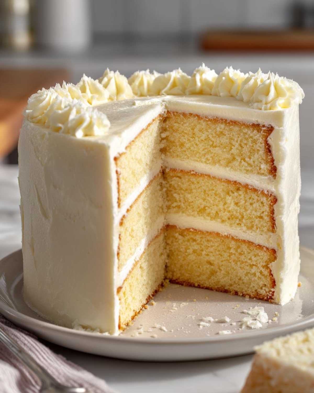 A three-layer fluffy vanilla cake recipe with white buttercream frosting, one slice removed.