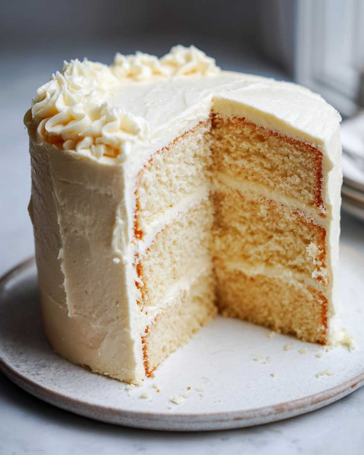 A tall, three-layer vanilla cake recipe slice showing fluffy interior and white buttercream frosting.