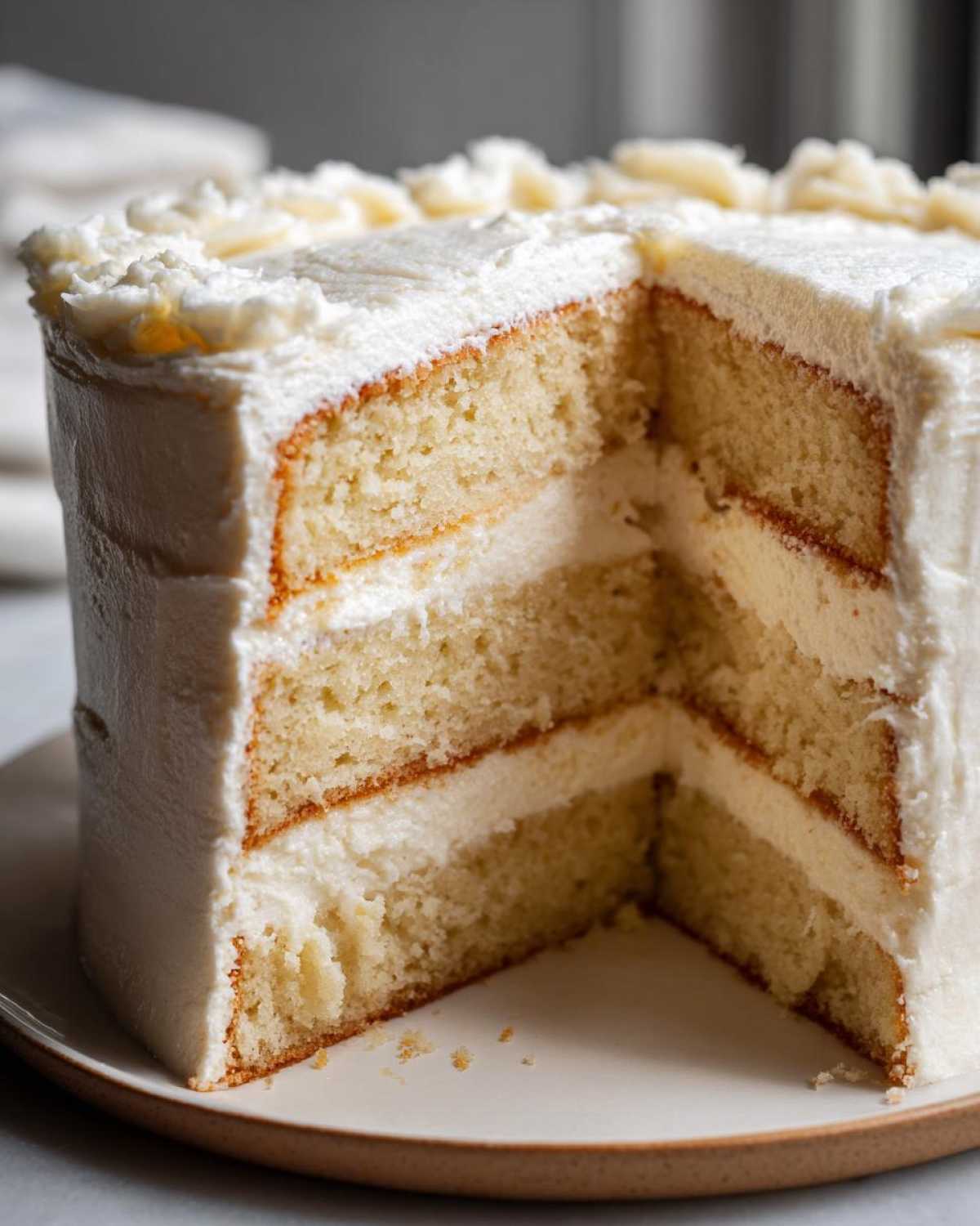 Cross-section of a fluffy vanilla cake recipe showing three layers of light sponge and white frosting.