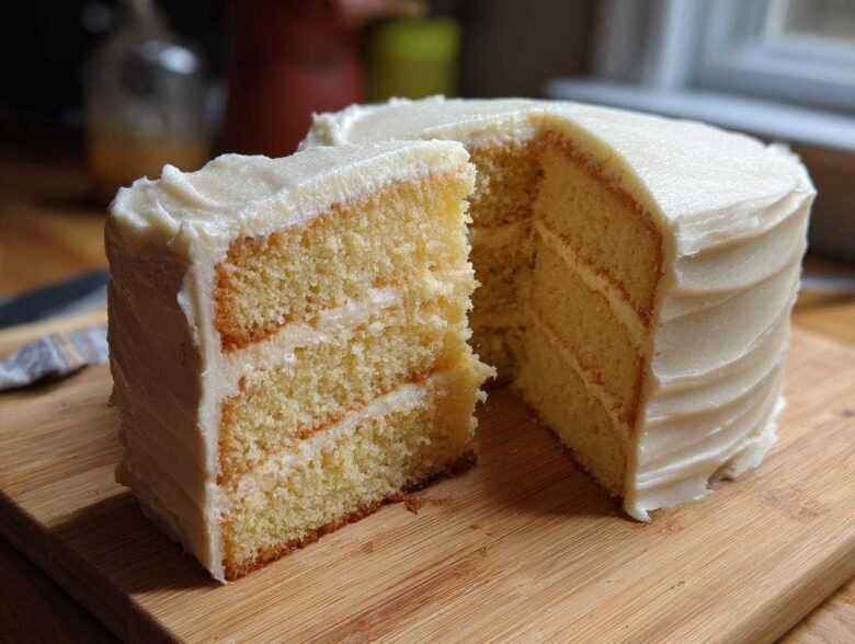A tall, fluffy vanilla cake recipe with three layers and thick white frosting, a slice cut out.