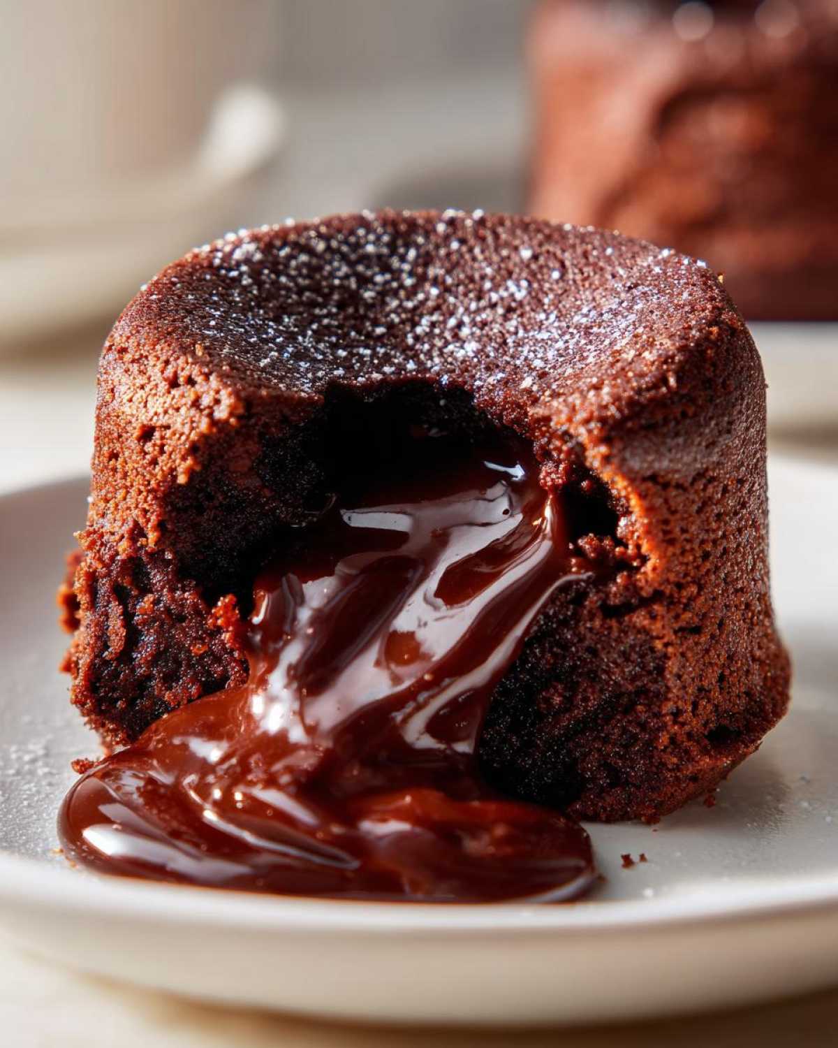 Close-up of a decadent chocolate lava cake with hot, molten chocolate flowing out of the center, dusted with powdered sugar.