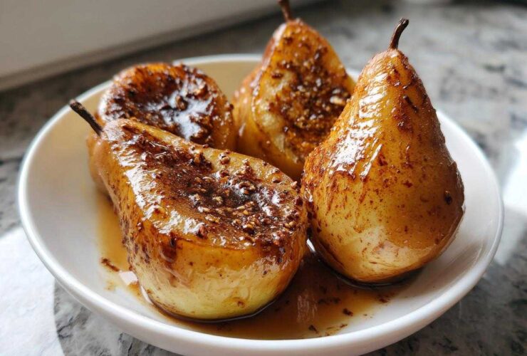 Four perfectly glazed baked pears topped with brown sugar and spices served in a white bowl.