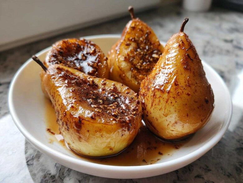Four perfectly glazed baked pears topped with brown sugar and spices served in a white bowl.