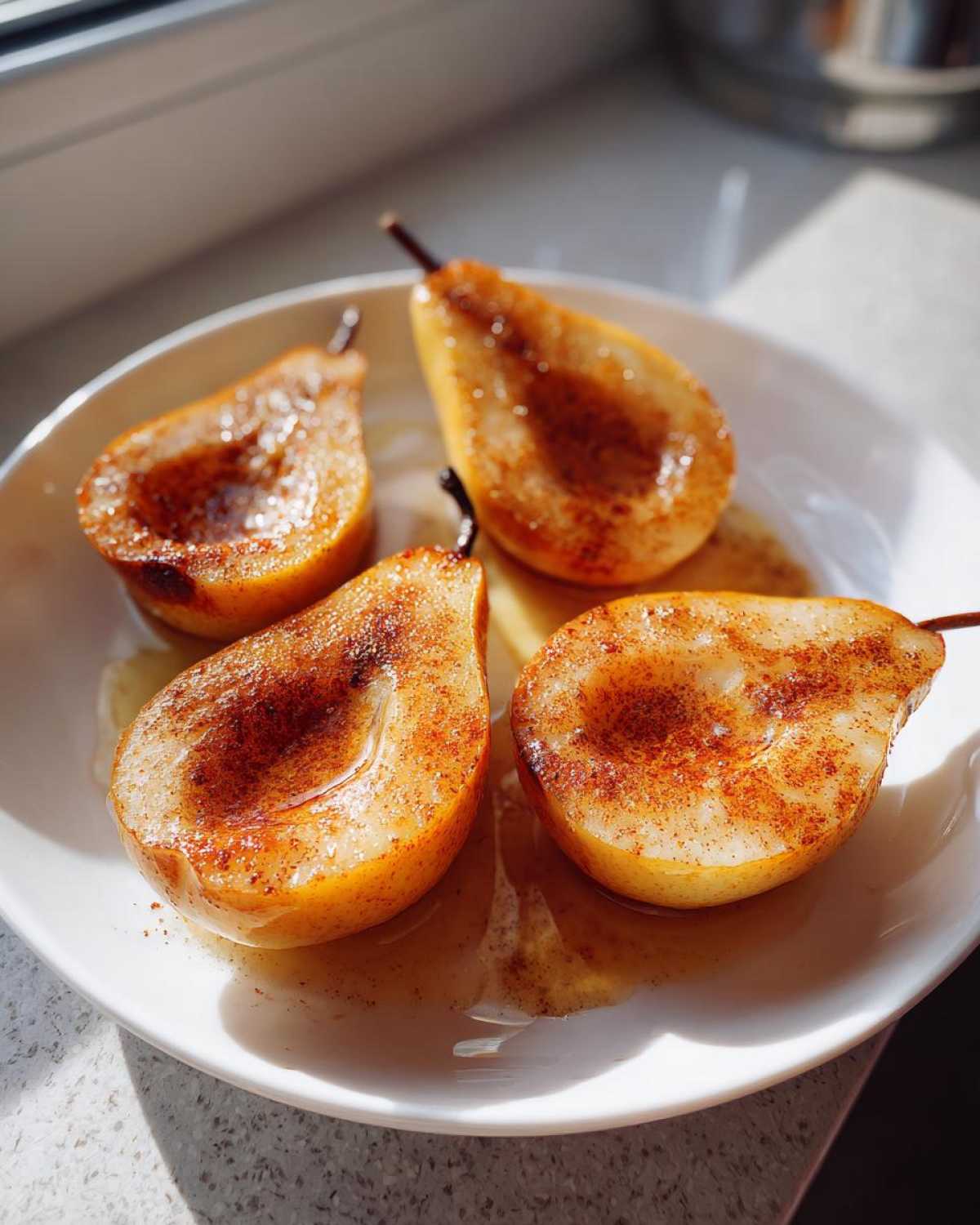 Four halves of golden baked pears, sprinkled with cinnamon and sitting in syrup on a white plate.