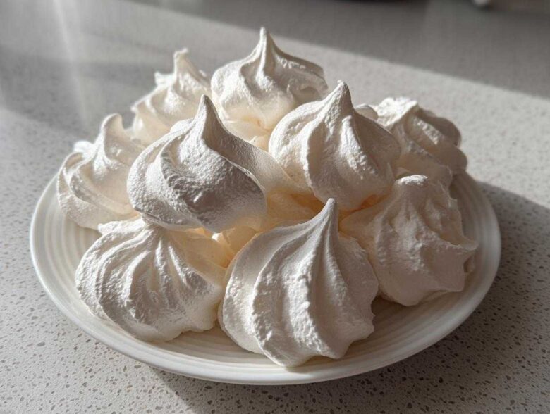 A pile of perfectly piped, bright white meringue cookies displayed on a small white plate.