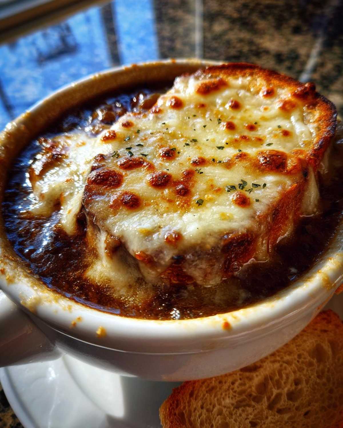 Close-up of a steaming bowl of French onion soup topped with a thick layer of broiled, bubbly cheese over crouton.