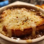 Close-up of a bowl of rich french onion soup topped with a thick layer of melted, browned cheese over toasted bread.