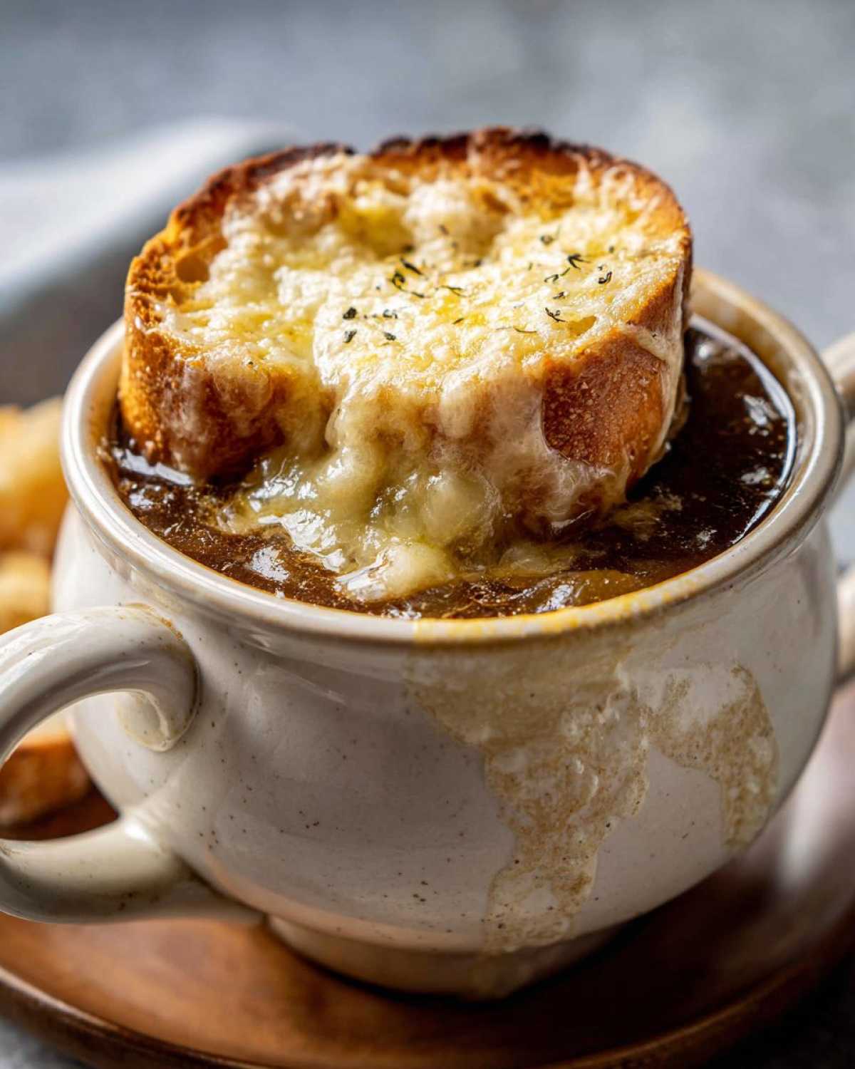 Close-up of a crock of rich french onion soup topped with a thick layer of melted, browned cheese over toasted bread.