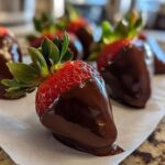 A close-up of fresh chocolate covered strawberries resting on parchment paper, showcasing the glossy dark chocolate coating.