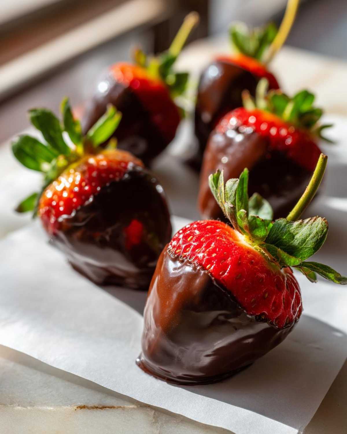 Close-up of fresh chocolate covered strawberries resting on white parchment paper, showing bright red fruit and glossy dark chocolate.