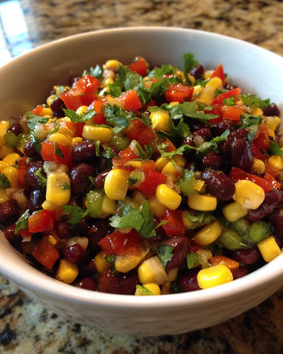 Close-up of vibrant cowboy caviar salad featuring black beans, corn, red peppers, and cilantro in a white bowl.