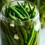 Close-up of fresh green beans packed tightly in a jar with garlic cloves and dill for making dilly beans.