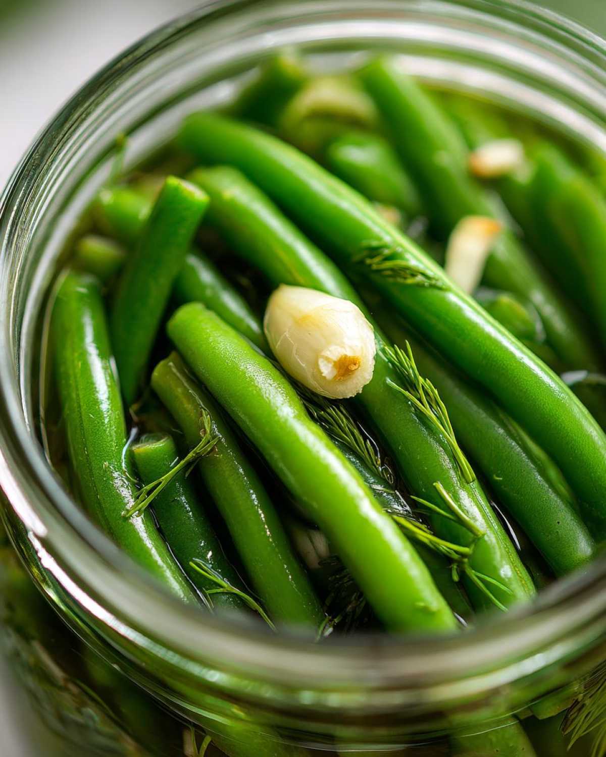 Close-up of bright green dilly beans packed tightly in a glass jar with a clove of garlic and fresh dill.