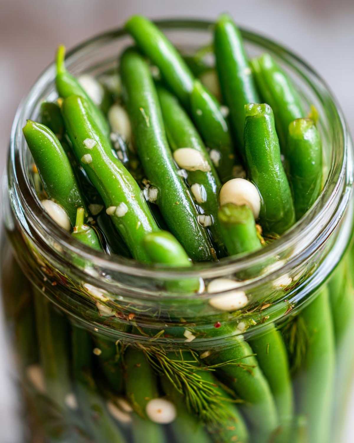 Close-up of bright green dilly beans packed tightly in a jar with garlic cloves and fresh dill sprigs.