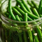 Close-up of fresh green beans packed tightly in a glass jar with dill and garlic for making dilly beans.