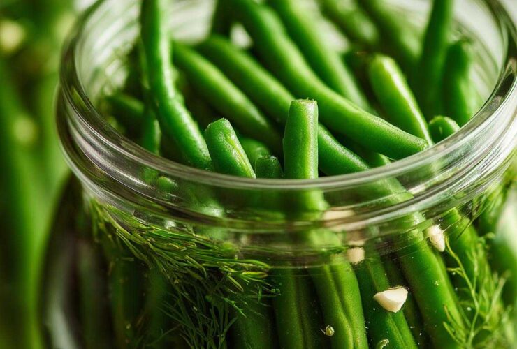 Close-up of fresh green beans packed tightly in a glass jar with dill and garlic for making dilly beans.
