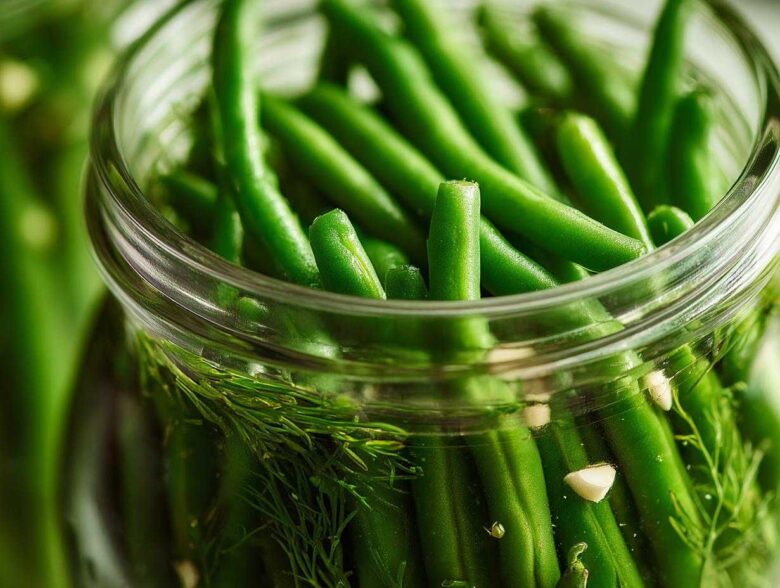 Close-up of fresh green beans packed tightly in a glass jar with dill and garlic for making dilly beans.