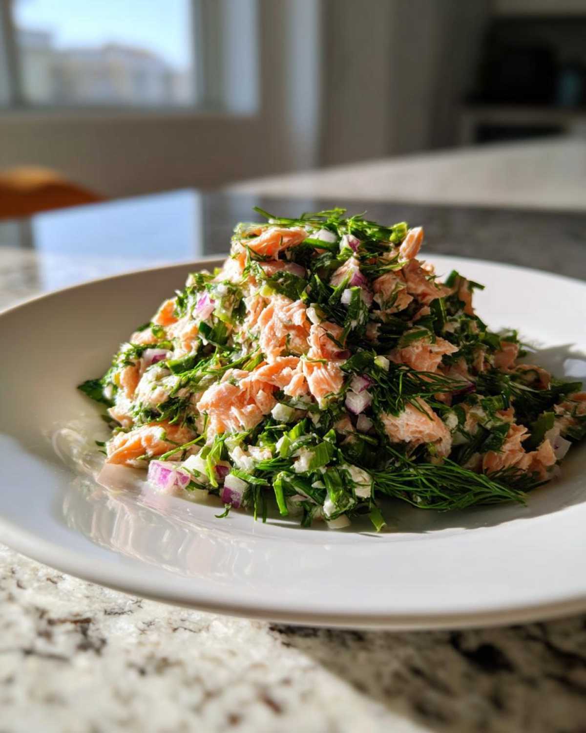 A mound of fresh salmon salad mixed with dill and red onion served on a white plate.