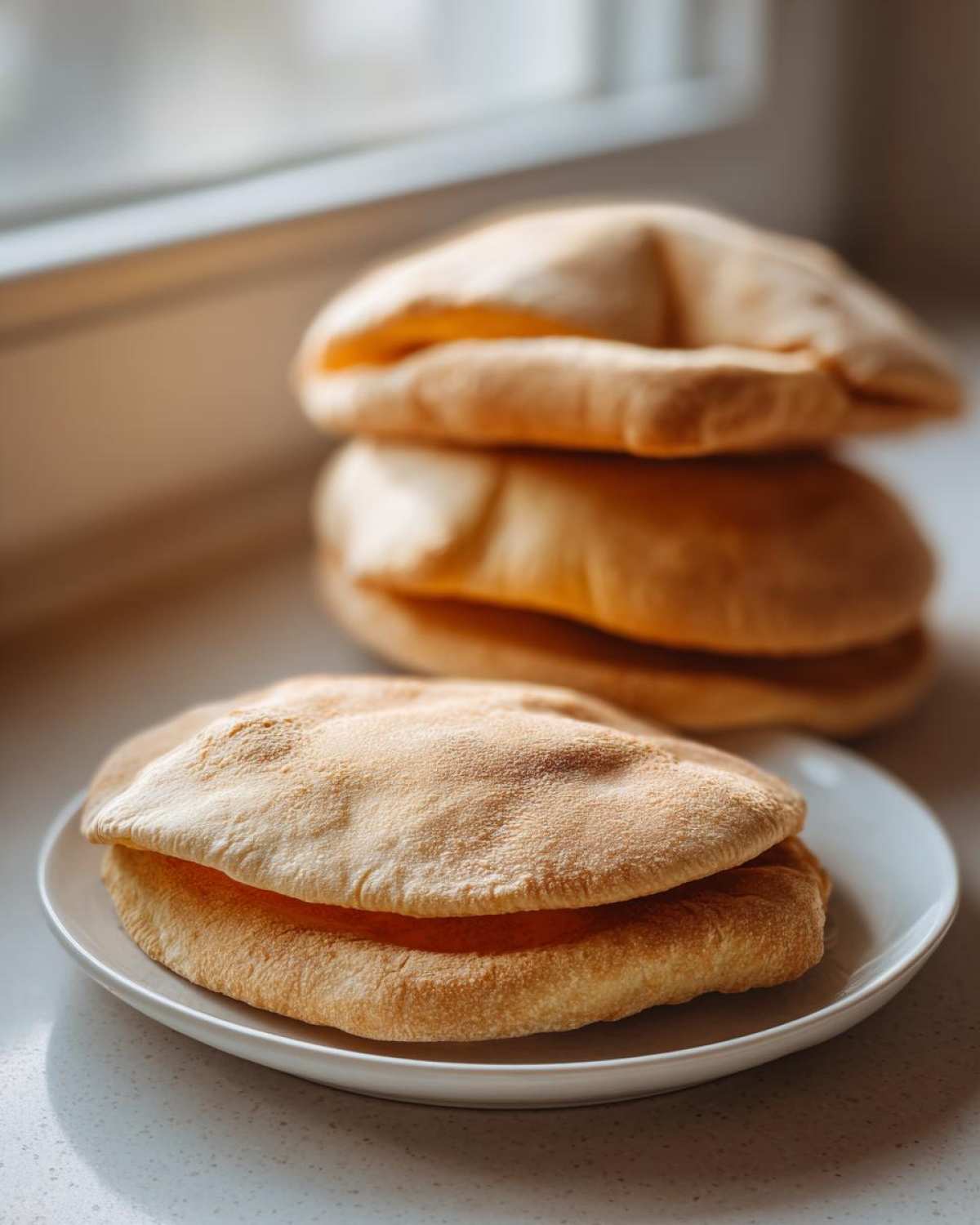 Close-up of freshly baked pita bread pockets, one resting on a white plate, showing its puffed interior.
