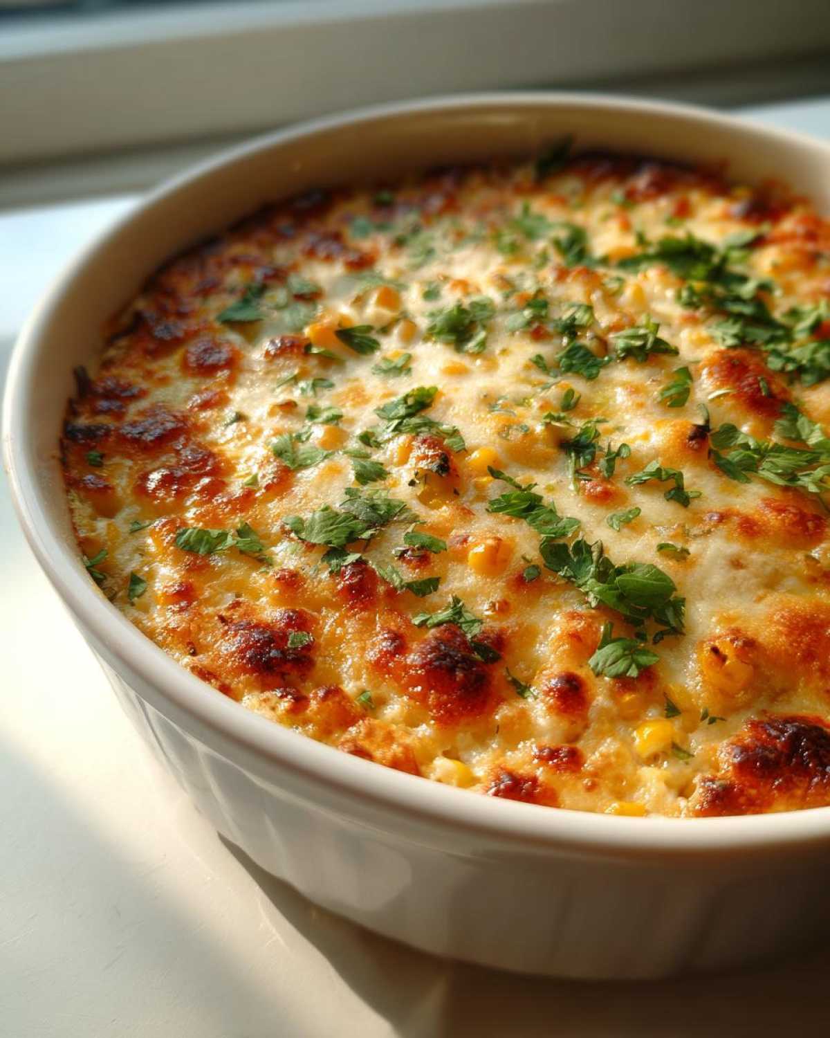 Close-up of a hot, bubbly elote dip in a white baking dish, topped with melted, browned cheese and fresh cilantro.