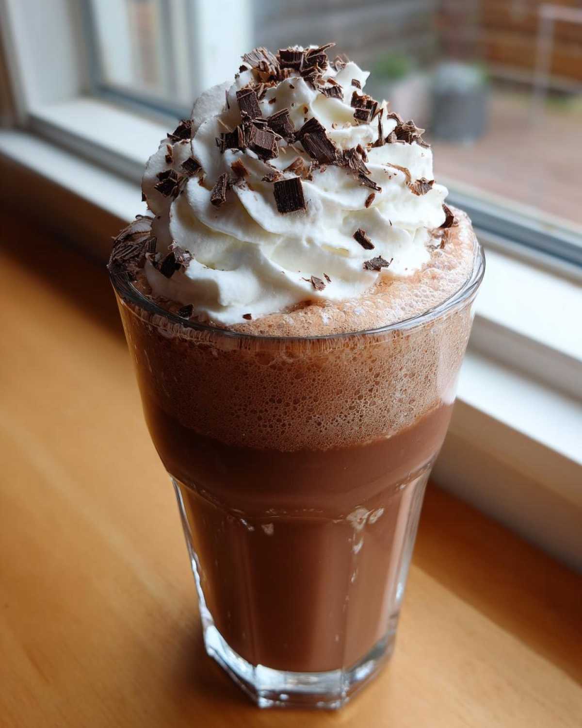 A tall glass filled with rich frozen hot chocolate, topped with whipped cream and chocolate shavings.