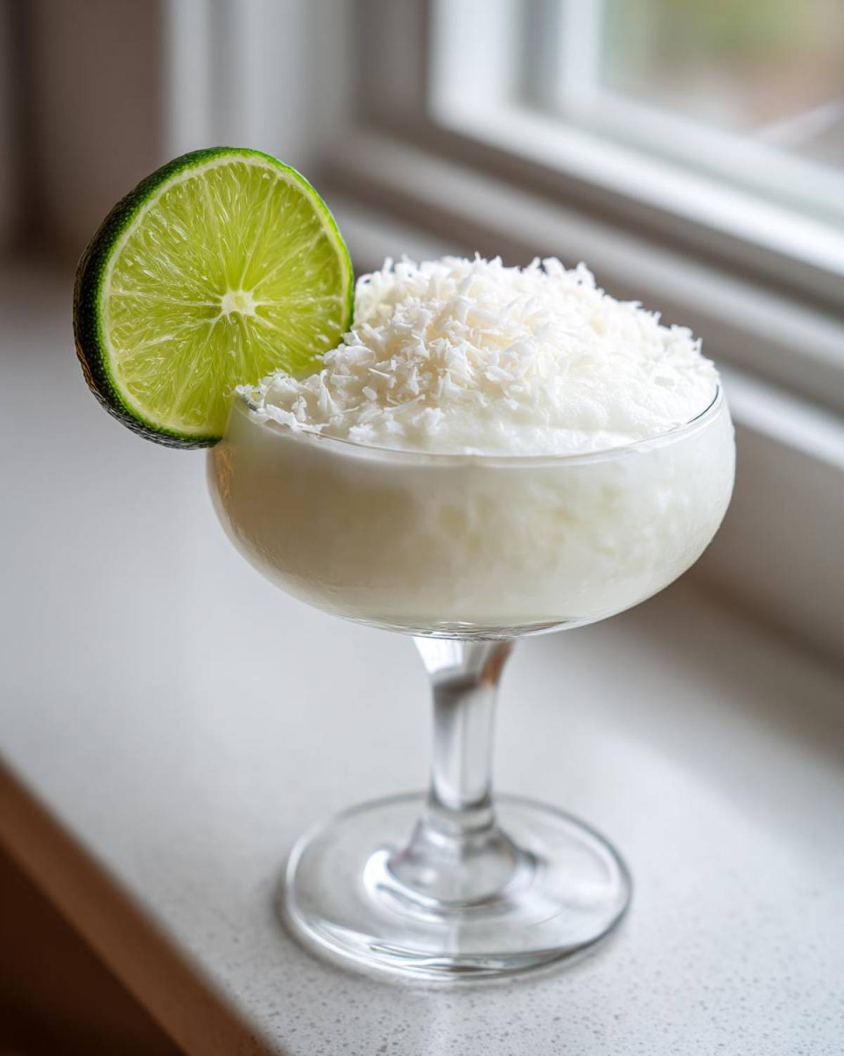 A frozen white Christmas margarita topped with shredded coconut and garnished with a lime wheel.