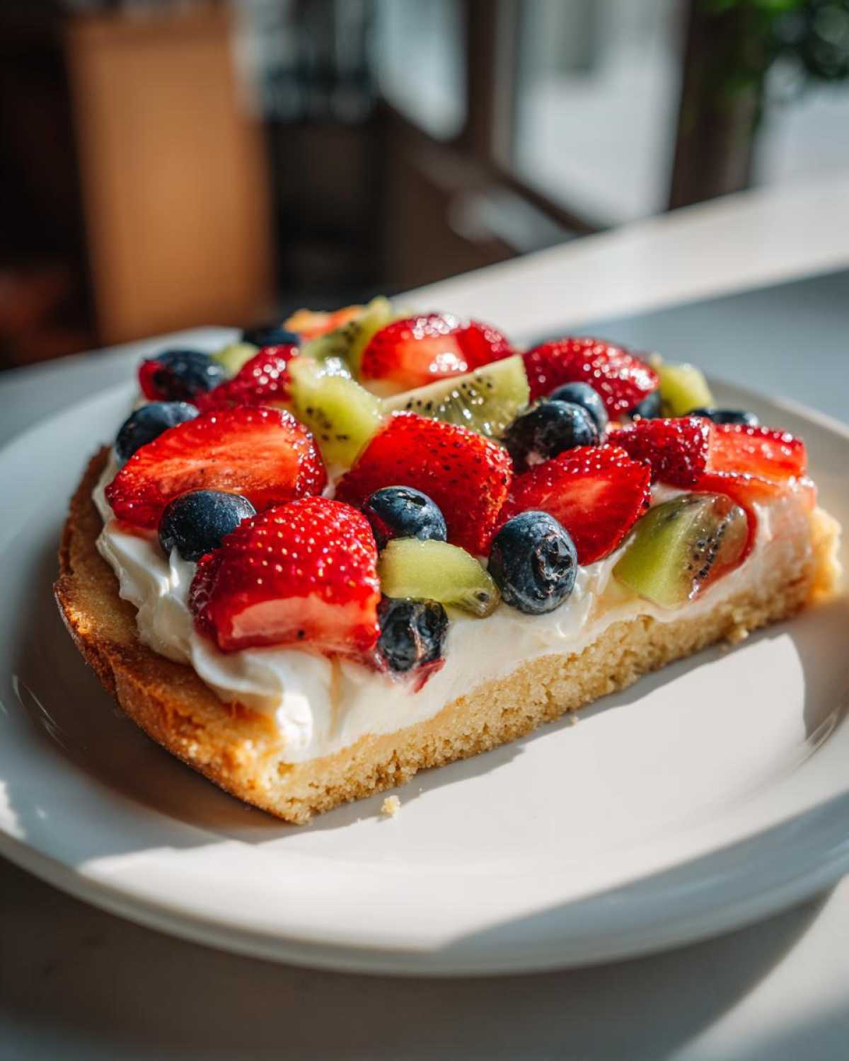A close-up slice of fruit pizza sugar cookie topped with cream cheese frosting, strawberries, blueberries, and kiwi.