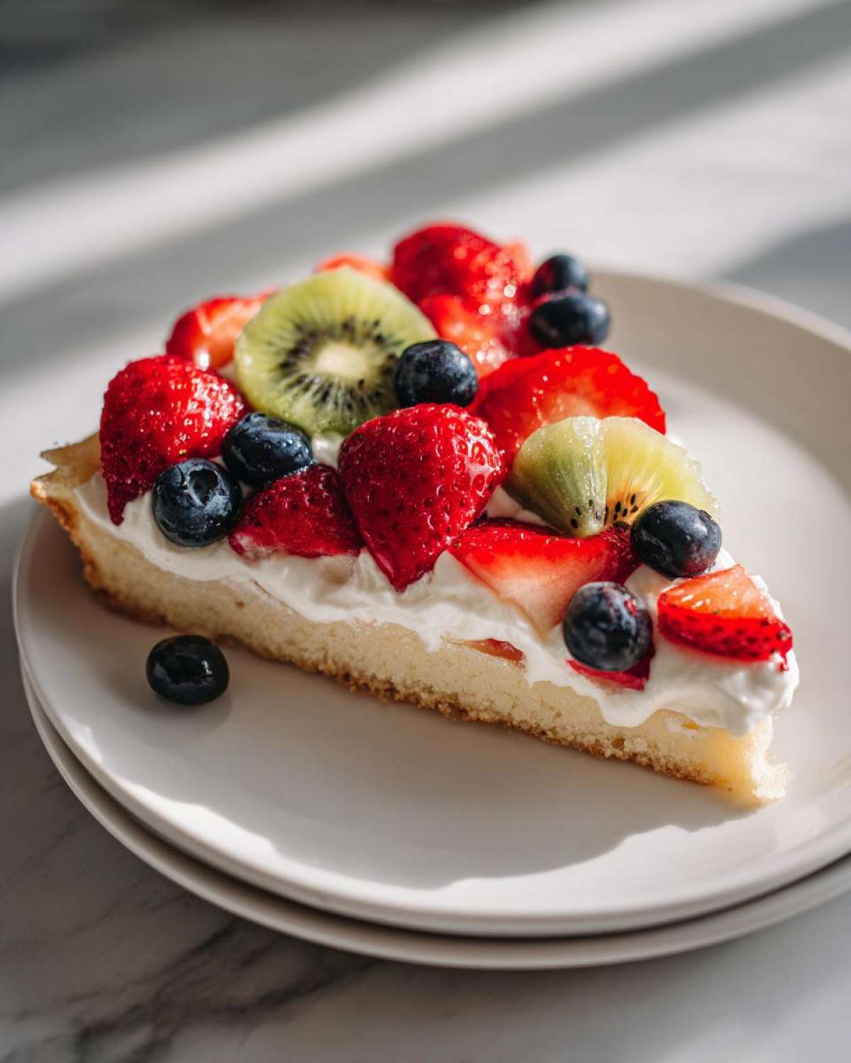 A triangular slice of fruit pizza sugar cookie topped with white frosting, strawberries, blueberries, and kiwi.