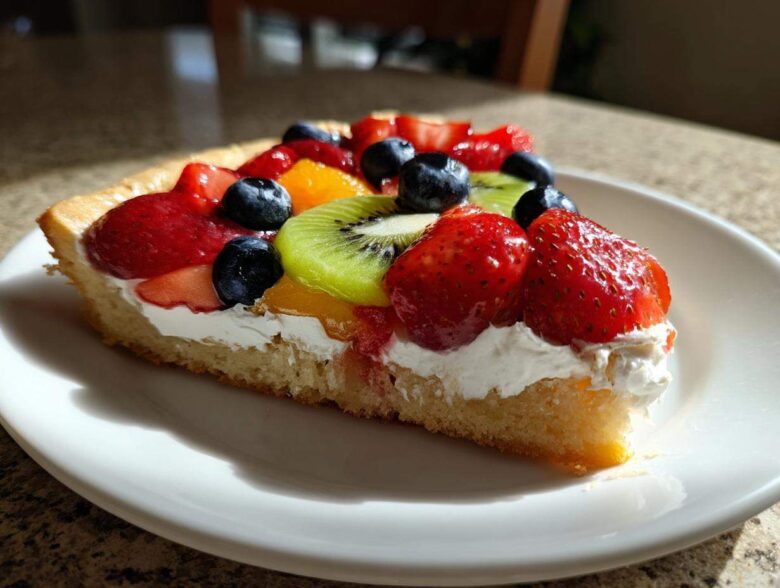 A close-up of a slice of fruit pizza sugar cookie topped with whipped cream, strawberries, blueberries, and kiwi.
