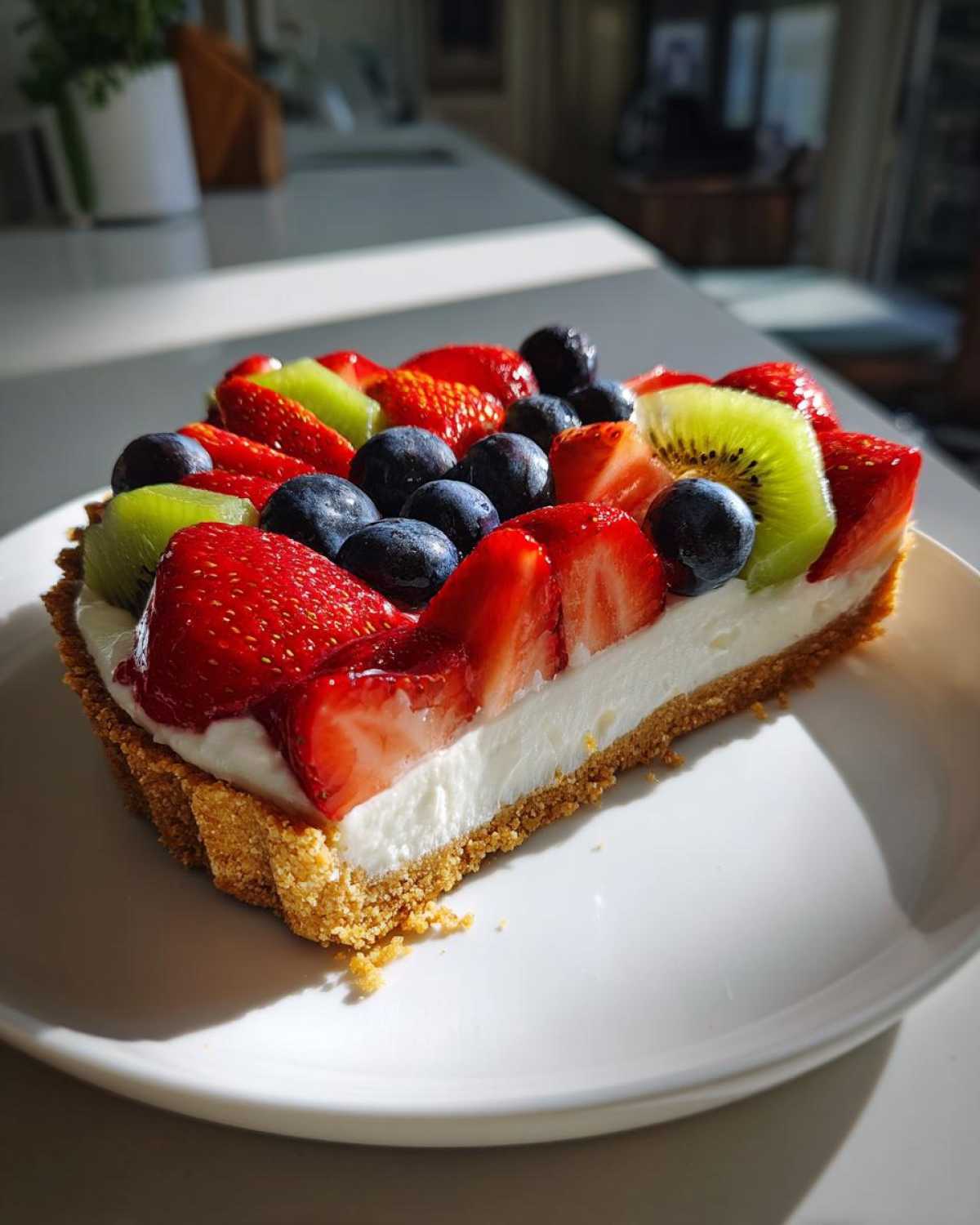 A close-up slice of fruit pizza sugar cookie topped with cream cheese frosting, strawberries, blueberries, and kiwi.