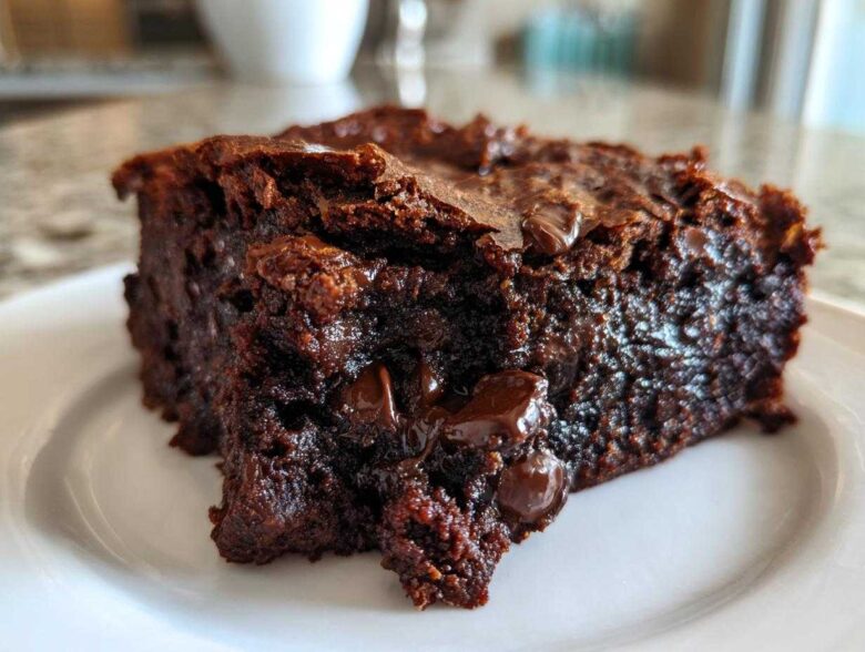 A close-up, decadent slice of fudgy black bean brownies showing melted chocolate chips on a white plate.
