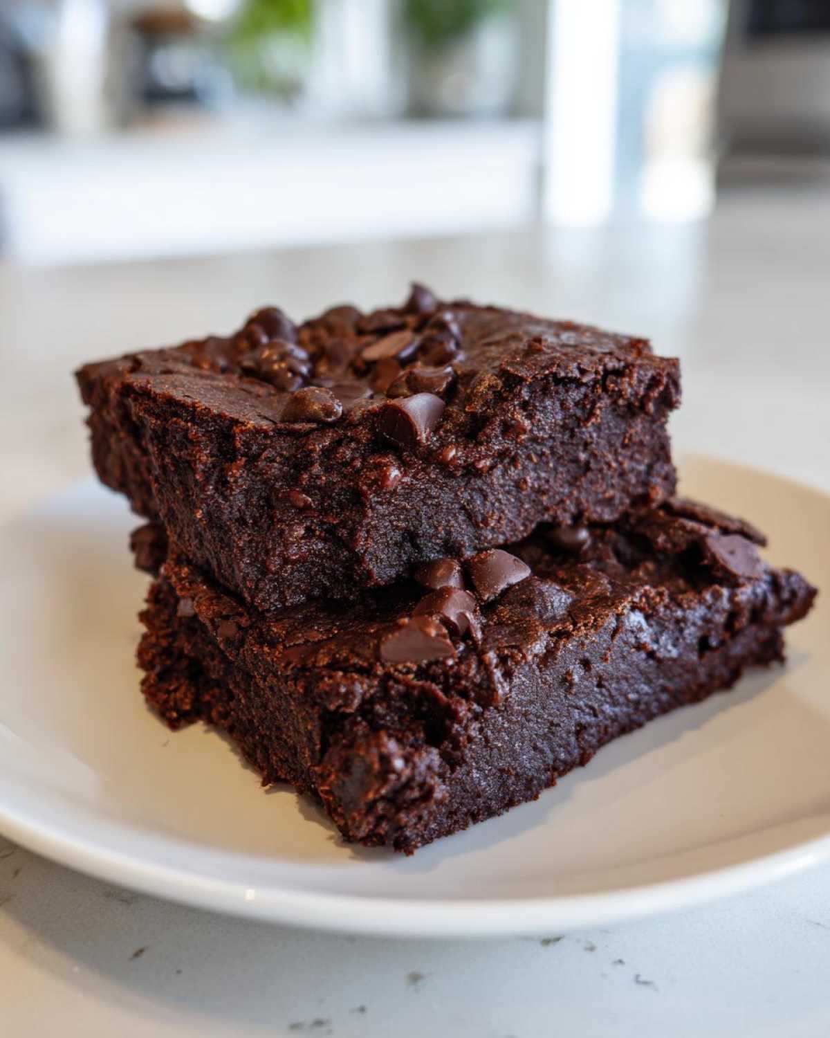 Two stacked, fudgy black bean brownies topped with chocolate chips, resting on a white plate.