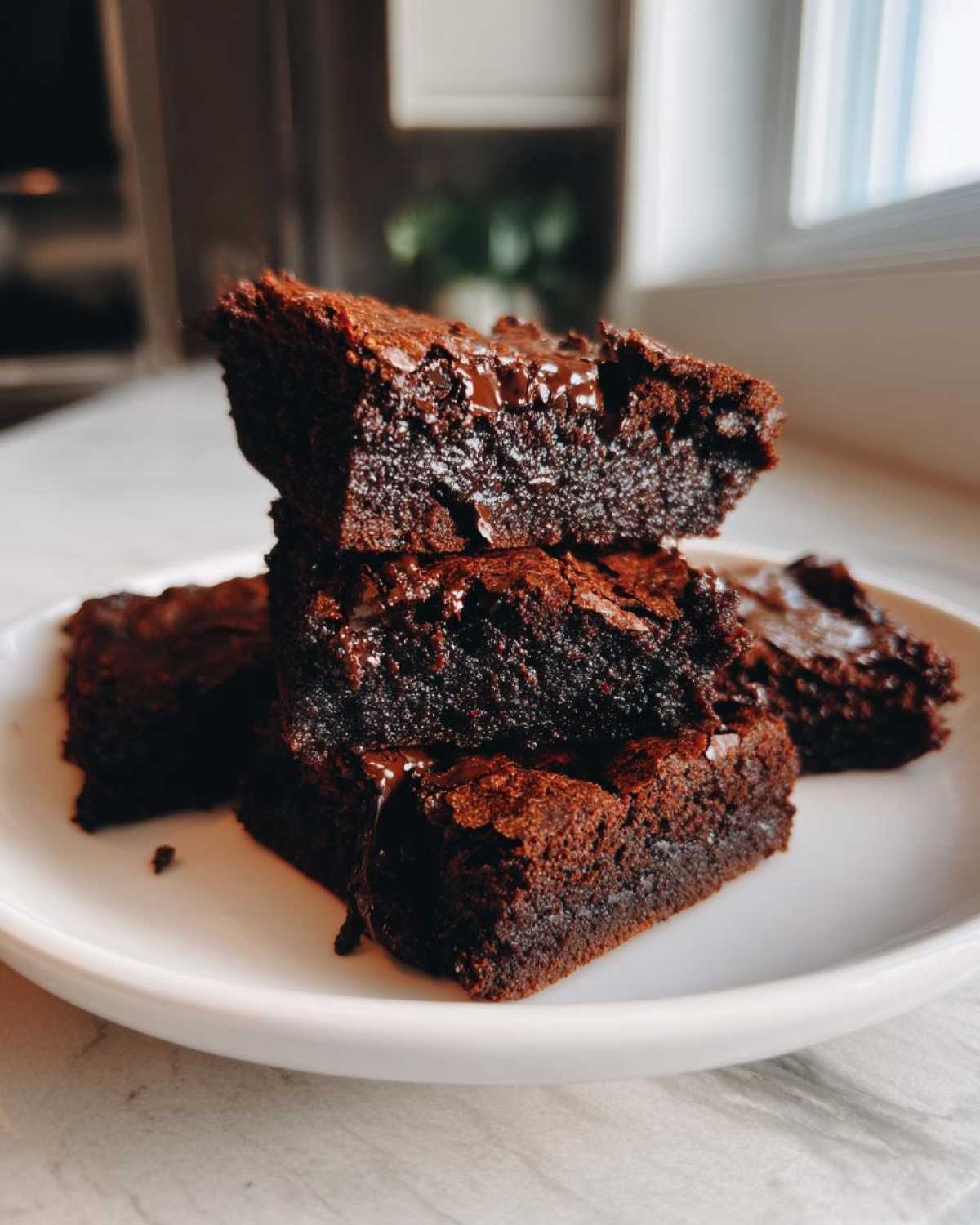 A stack of fudgy black bean brownies with melted chocolate chips served on a white plate.