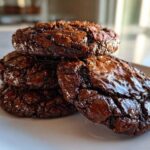 A stack of four rich, dark chocolate brownie cookies featuring shiny, cracked tops, presented on a white plate.