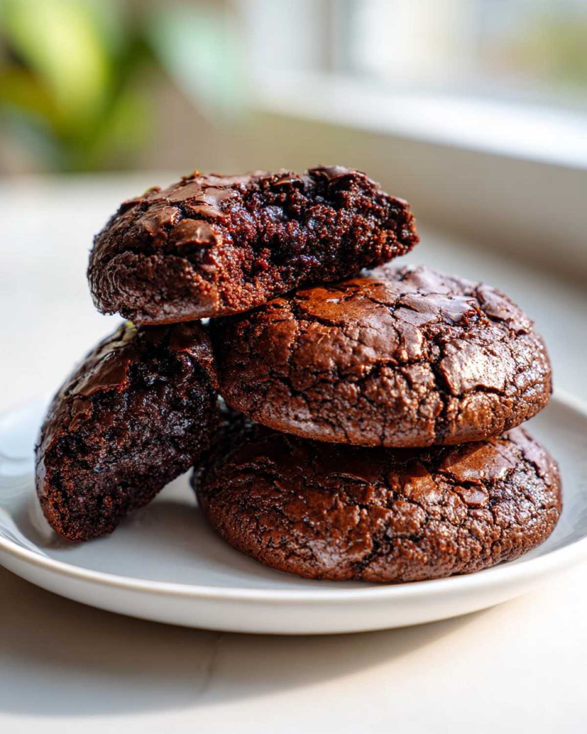 A stack of four rich, dark chocolate brownie cookies, one broken open to show the fudgy interior.