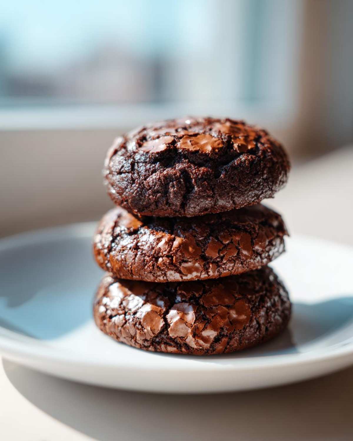 A stack of three rich, dark chocolate brownie cookies with cracked tops.