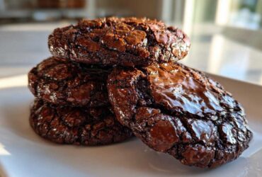 A stack of four rich, dark chocolate brownie cookies featuring shiny, cracked tops, presented on a white plate.