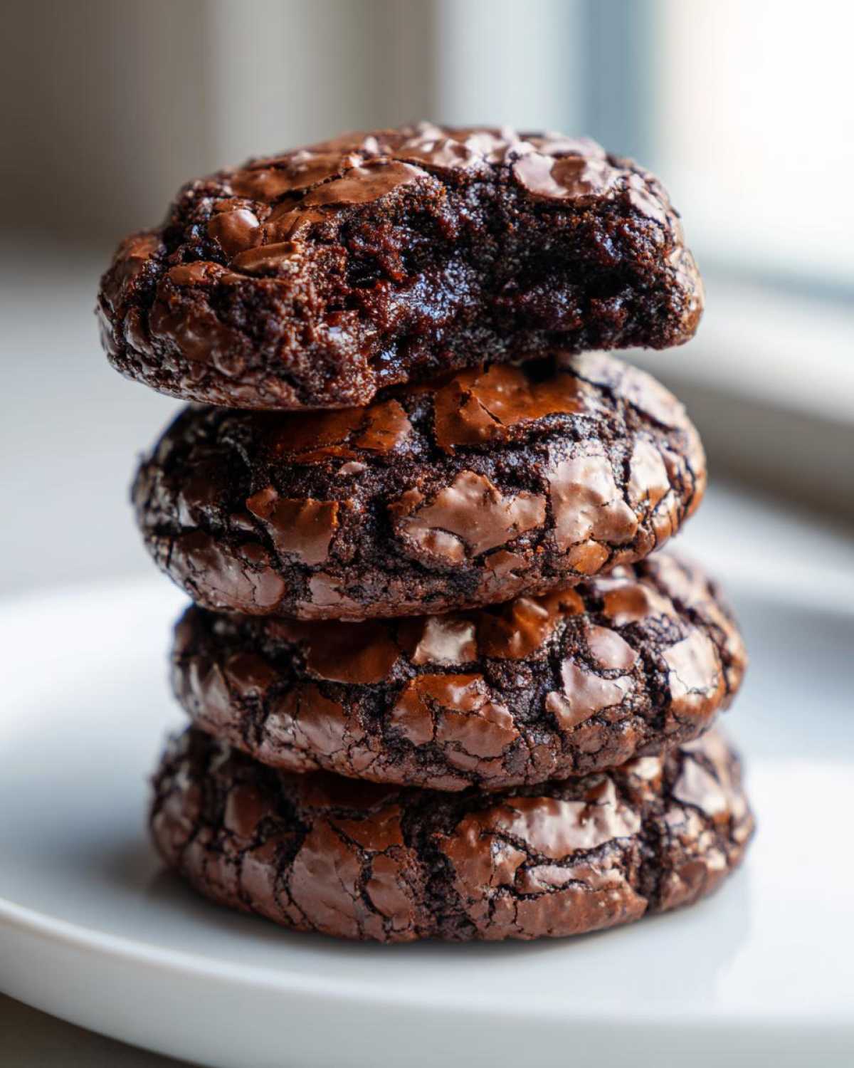 A stack of four rich, dark chocolate brownie cookies, with the top cookie having a bite taken out to show the fudgy interior.