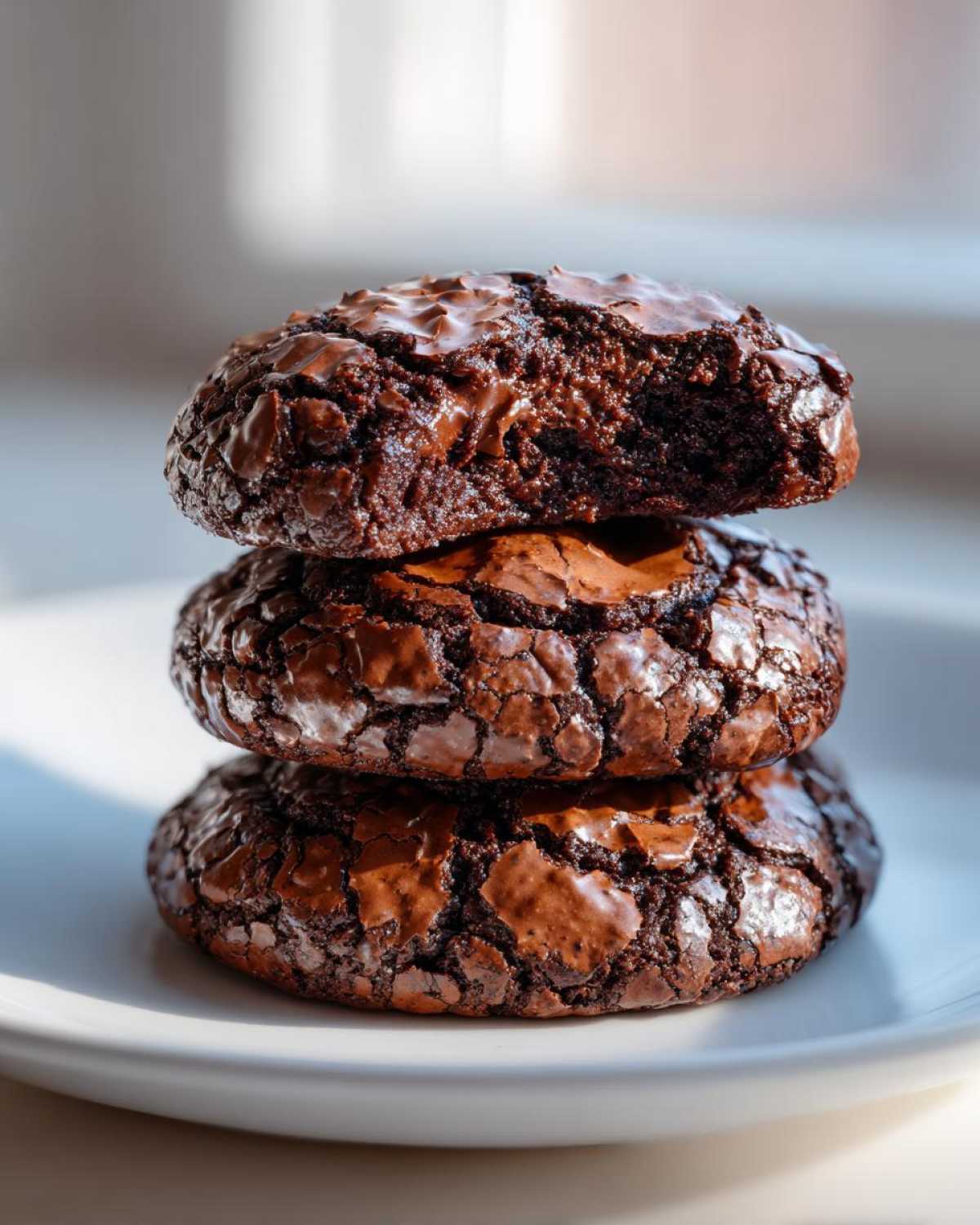 A stack of three fudgy chocolate brownie cookies with cracked tops, one cookie has a bite taken out.