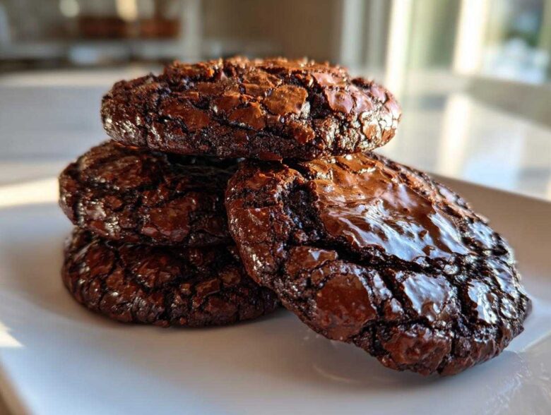 A stack of four rich, dark chocolate brownie cookies featuring shiny, cracked tops, presented on a white plate.