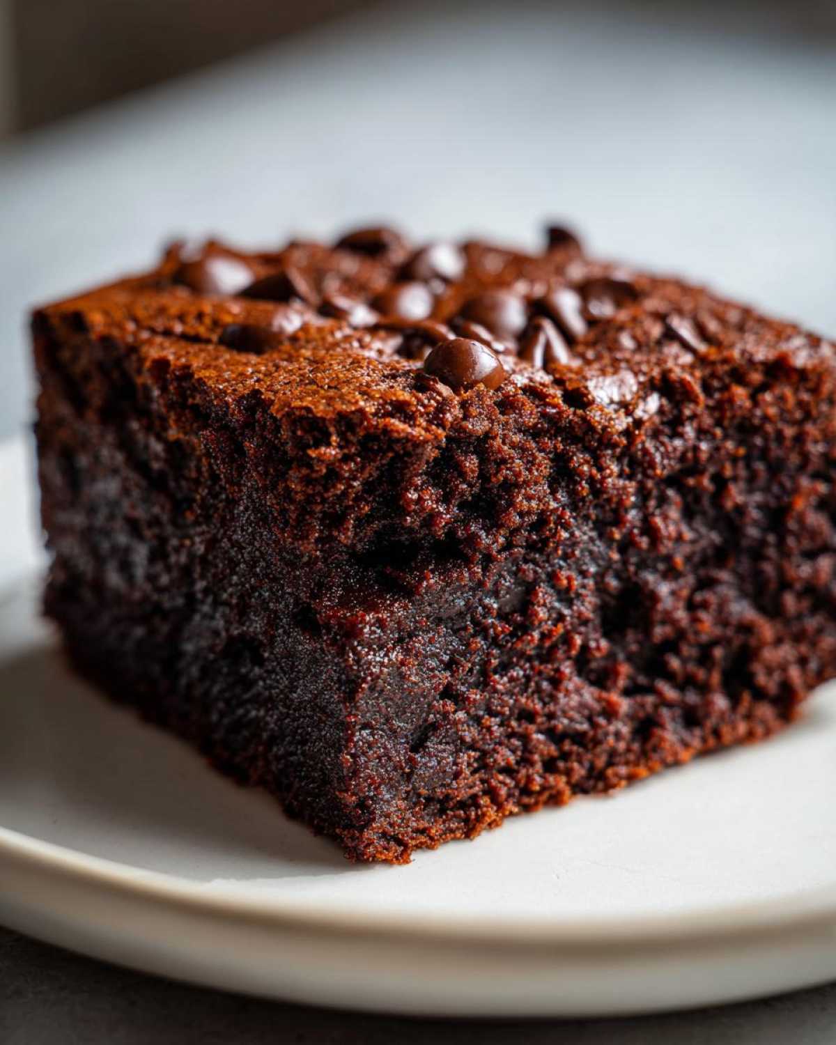 A close-up, rich, dark square of fudgy gingerbread brownies topped with melted chocolate chips on a white plate.