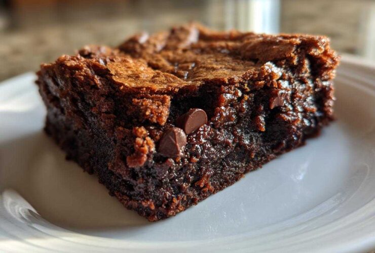 Close-up of a fudgy, dark chocolate gingerbread brownie with a crackly top, sitting on a white plate.