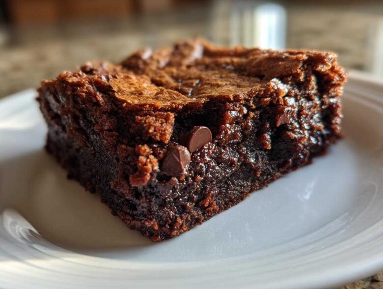 Close-up of a fudgy, dark chocolate gingerbread brownie with a crackly top, sitting on a white plate.