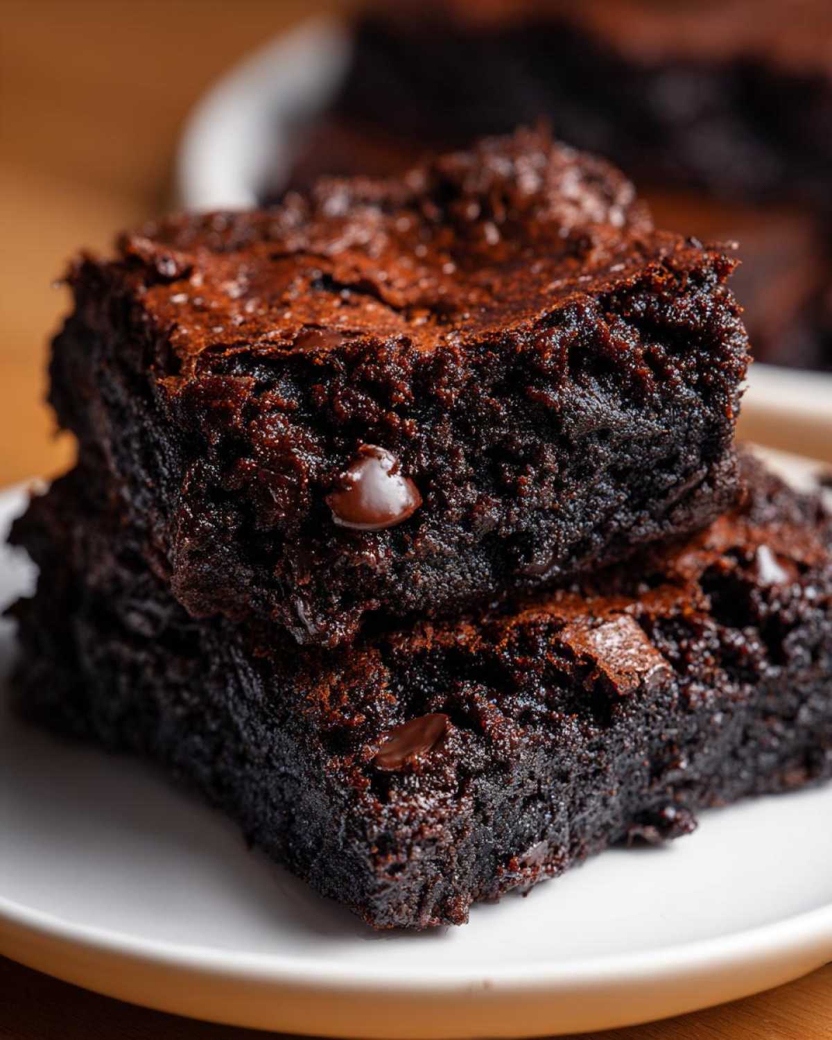 Close-up of two stacked, fudgy gingerbread brownies with a shiny, cracked top and visible chocolate chips.