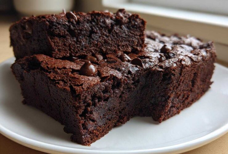 Two rich, dark fudgy sweet potato brownies stacked on a white plate, topped with melted chocolate chips.