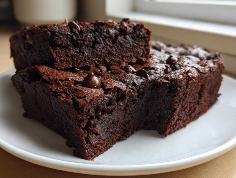 Two rich, dark fudgy sweet potato brownies stacked on a white plate, topped with melted chocolate chips.