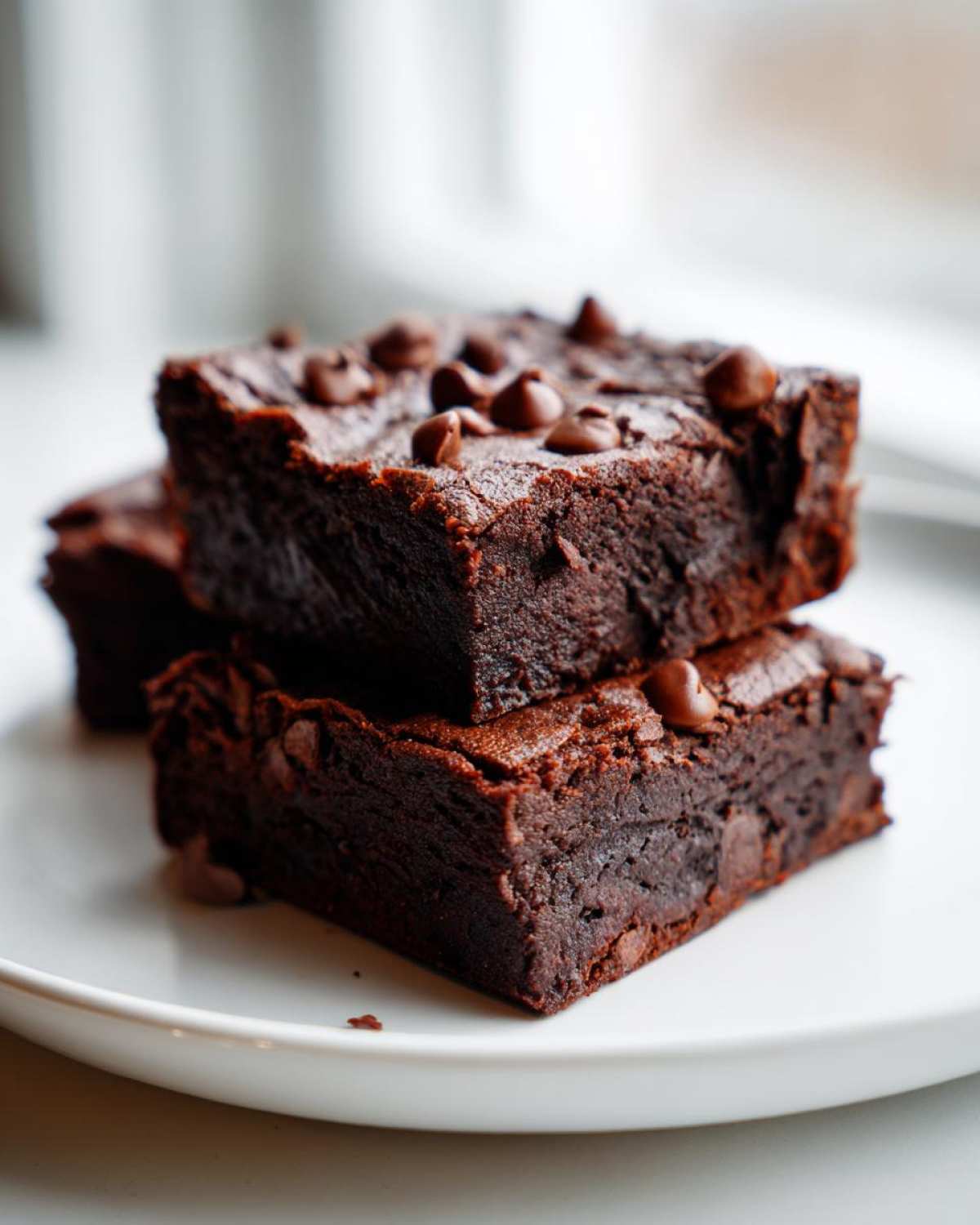 Close-up of two fudgy sweet potato brownies stacked, topped with chocolate chips, on a white plate.