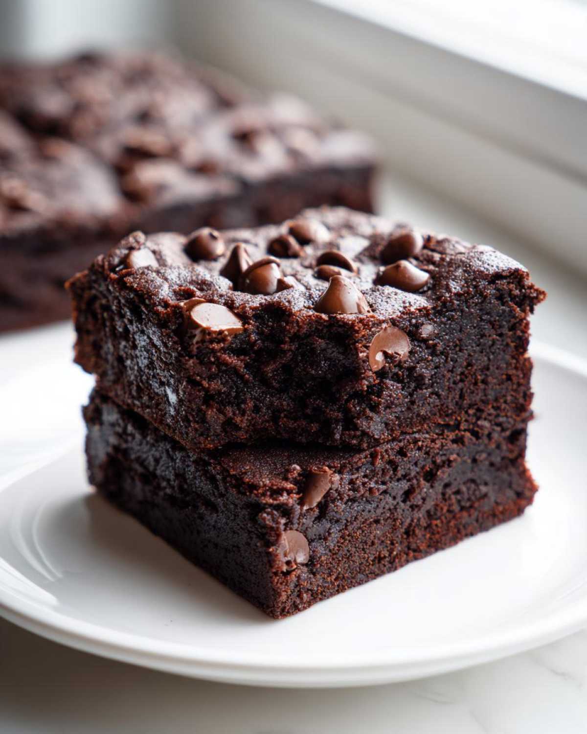 Two fudgy sweet potato brownies stacked on a white plate, topped with chocolate chips.