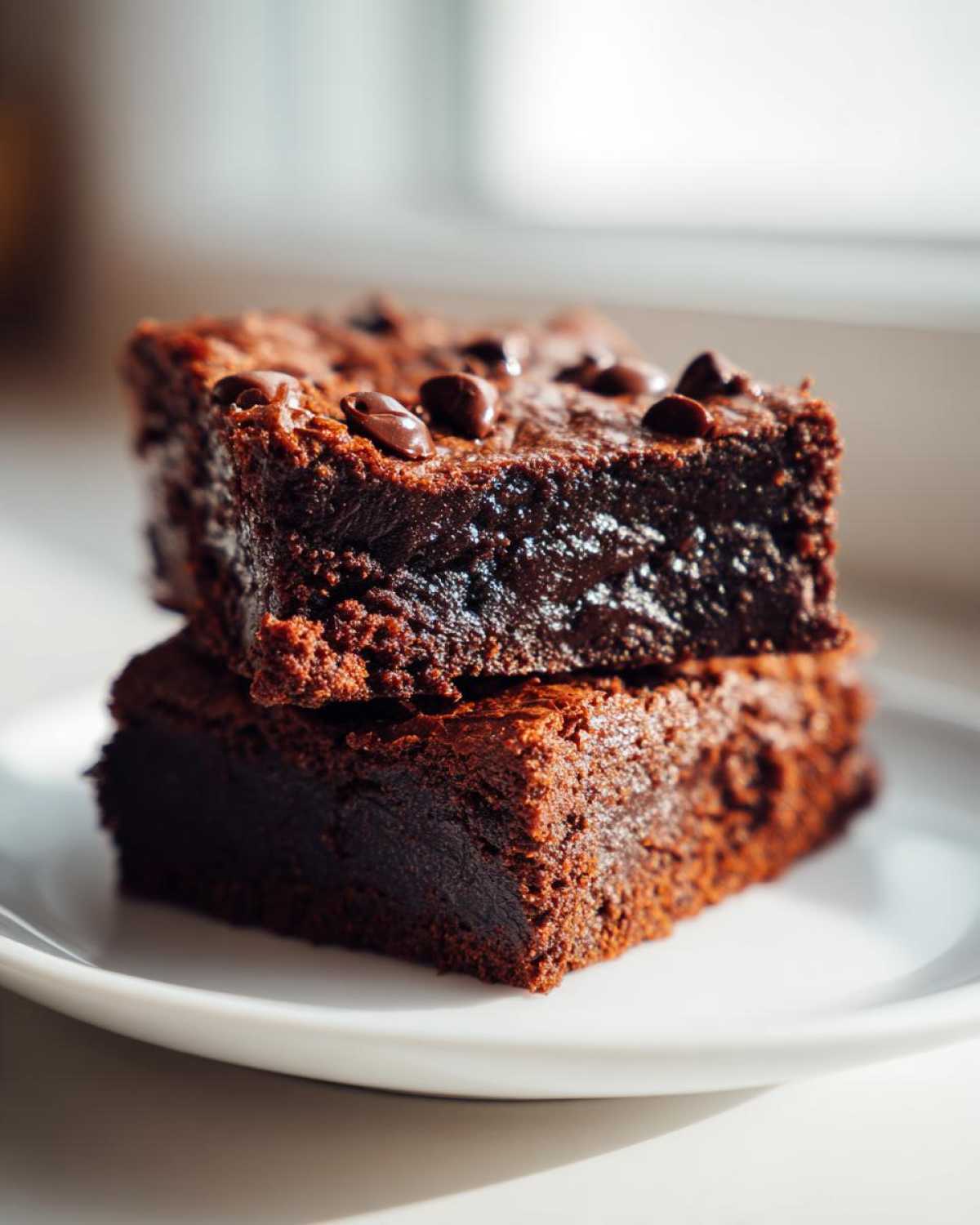 Two fudgy sweet potato brownies stacked on a white plate, topped with chocolate chips.