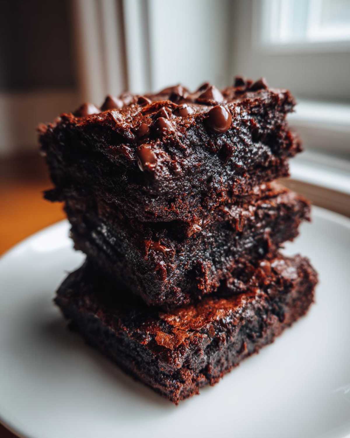 A stack of three rich, fudgy sweet potato brownies topped with chocolate chips on a white plate.